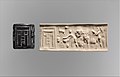 Цилиндрическая печать и оттиск, в котором предстает ритуальная сцена перед фасадом храма; 3500—3100 годы до н. э.; битумный известняк; высота: 4,5 см; Метрополитен-музей (Нью-Йорк)