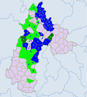 Национальные волости в Люпаньшуе (без Лючжи). Светло-зелёный — и. Синий — мяо. Тёмно-зелёный — буи.