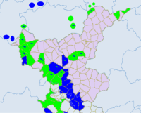 Национальные волости в Бицзе. Светло-зелёный — и. Синий — мяо. Тёмно-зелёный — буи.