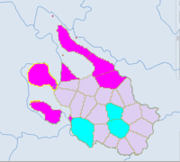 Национальные волости в Мяньяне, Сычуань. Фиолетовый — цяны. Красный — тибетцы.