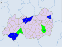 Национальные волости в Чжаотуне, Юньнань. Светло-зелёный — и. Синий — мяо.