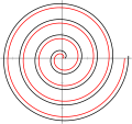 Инволюта круга (черная) не совпадает с архимедовой спиралью (красная).