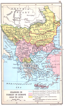 Жёлтым цветом отмечены территории на Балканах, потерянные Османской империей по итогам войны