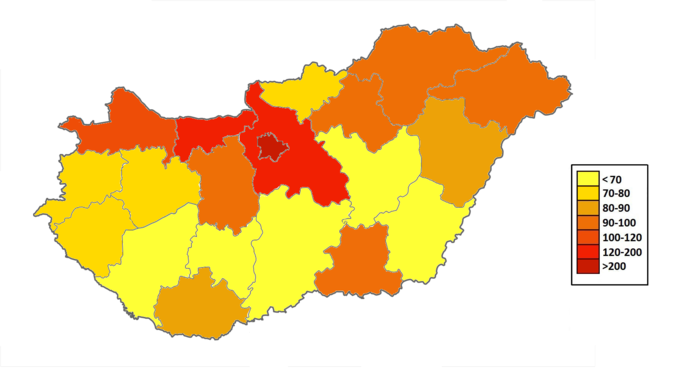 Плотность населения Венгрии по медье