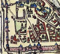План Москвы Герритса Гесселя (1597 год). Церковь Николы Гостунского отмечена стрелкой.