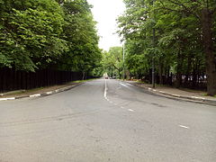 Вид от входа в Тимирязевский парк в сторону Тимирязевской улицы