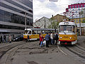 Трамваи на оборотном кольце на Лесной улице (с 2011 года этого кольца не существует)