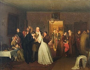 Отец благословляет дочь на брак в присутствии родных. 1850