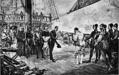 Дрейк принимает капитуляцию адмирала Педро де Вальдеса на испанском галеоне Nuestra Señora del Rosario