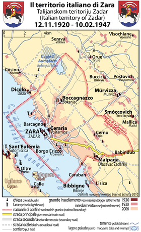 Карта коммуны Зара в 1920—1947 годах. Помимо этого в состав провинции Зара входили и острова в Адриатическом море (коммуна Лагоста)