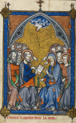 Апостолы пишут Символ веры, получая вдохновение от Святого Духа. Миниатюра из рукописи XIII века