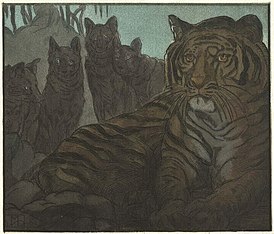 Иллюстрация французского издания «Книги джунглей» 1924 года. Шер-Хан на скале совета