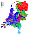 Наибольшее число голосов по округам на выборах 2010 года (PVV — голубым цветом)