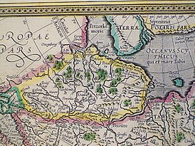 На карте Герхарда Меркатора, опубликованной в 1595 году, город (и регион) Sibier расположен на левом притоке Оби. Меркатор правильно разместил Сибирь около 58° северной широты, но намного западнее, чем в действительности