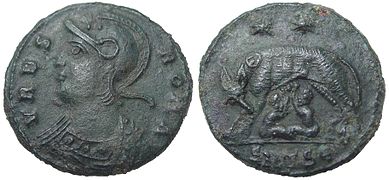 Монета, выпущенная Константином I в 330—333 гг. н. э. в честь основания Константинополя и Рима