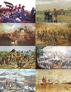 Сверху налево: Битва при Арройо Гранде, казнь Мануэля Доррего, Битва при Павоне, смерть Хуана де Лавалье, казнь Кироги Факундо, Битва при Касеросе, Битва при Фамаильеruen, Битва при Вуэльта де Облигадо