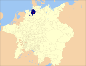 Бременское княжество-архиепископство в составе Священной Римской империи (1648), резиденция епископа (в Фёрде) указана красной точкой.