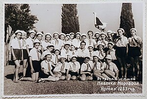 Встреча с мамой Павлика Морозова пионеров, проводящих летние каникулы 1953 года в пионерском лагере Артек, 1953 г