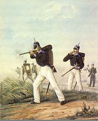Солдаты и офицер лейб-гвардии Финского стрелкового батальона, 1850-е гг.