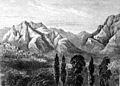 Вид на Керманшах в середине XIX века — на юг, гора Фарохшад и гора Уаси видны на заднем плане