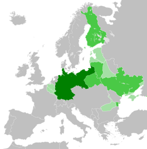 Владения Германии по состоянию на 1918 год:      Германия      Клиентские государства      Военные администрации