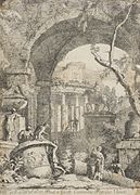 Классическая руина с конной статуей и круглым храмом. 1730. Офорт. Музей искусств округа Лос-Анджелес