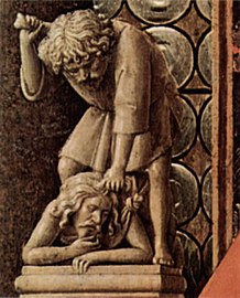 Резная статуэтка на левом подлокотнике престола Марии: Каин убивает дубинкой Авеля