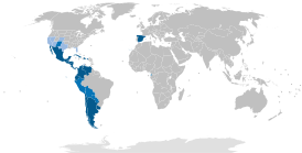      Cтраны и регионы, в которых испанский язык является единственным официальным языком      Cтраны и регионы, в которых испанский язык является одним из официальных языков      Cтраны и регионы, в которых испанский язык является культурно важным или второстепенным языком