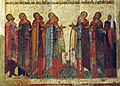 Молящиеся новгородцы (предположительно бояре Кузьмины), фрагмент иконы «Деисус», около 1467 г. У мужчин длинные, предположительно заплетённые в косы, волосы
