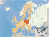 Положение Польши на карте Европы. Польша выделена яркооранжевым, Евросоюз — светлооранжевым