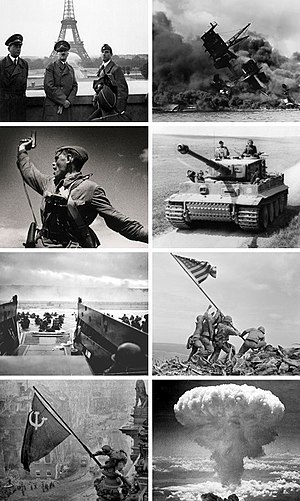 Левый столбик (сверху вниз): Альберт Шпеер, Адольф Гитлер и Арно Брекер на фоне Эйфелевой башни, июнь 1940 года; фотография Макса Альперта «Комбат» — советский офицер поднимает бойцов в атаку, июль 1942 года; высадка войск американской 1-й пехотной дивизии на пляже «Омаха», 6 июня 1944 года; установка советского знамени на крыше рейхстага, май 1945 года. Правый столбик (сверху вниз): тонущий американский линкор «Аризона» после нападения на Перл-Харбор, 7 декабря 1941 года; немецкий танк «Тигр» в северной Франции, март 1944 года; водружение флага над Иводзимой 23 февраля 1945 года; ядерный гриб над Нагасаки, 9 августа 1945 года.