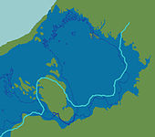 Ладожское озеро как часть Балтийского ледникового озера (между 12200 и 10500 лет назад). Голубая линия — граница покровного оледенения 13 300 лет назад