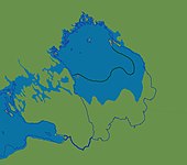 Ладожское озеро как часть Анцилового озера (между 9300 и 9200 лет назад). Зелёная линия — положение южной береговой линии Ладожского озера во время существования Иольдиевого моря