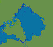 Береговая линия Ладожского озера в период максимума Ладожской трансгрессии перед появлением Невы (между 4500 и 2500 лет назад). Показаны долины рек Мга и Тосна, а также водораздел между ними