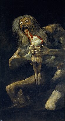 Painting of a ghoulish, naked man holding a bloody, naked body and devouring the arm .