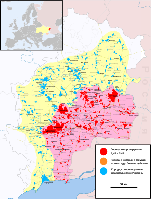 карта боевых действий в Донбассе (до 24 февраля 2022). Красным — территории, контролируемые ДНР и ЛНР, жёлтым — территории, контролируемые Украиной.
