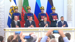 Руководители российских оккупационных администраций (слева направо): Сальдо (Херсон), Балицкий (Запорожье), Пасечник (ЛНР), Пушилин (ДНР)