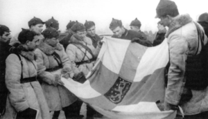 Комсостав (на переднем плане) и рядовые красноармейцы с захваченным флагом Финляндии