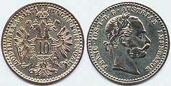 Австрийская биллонная монета номиналом в 10 крейцеров, 1871 г. Содержание серебра — 40 %.