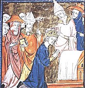 Средневековое изображение коронации императора Карла Великого в 800 году н. э. в королевской синей одежде. Епископы и кардиналы носят пурпур, а Папа — белое