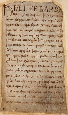 Первая страница рукописи «Беовульфа» из манускрипта Cotton Vitellius A XV (X—XI вв.)