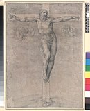 Микеланджело Буонарроти. Распятый Христос с открытыми глазами. Ок. 1558 г. Бумага, итальянский карандаш. Британский музей, Лондон