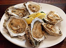 Six steamed Eastern oysters on the half shell