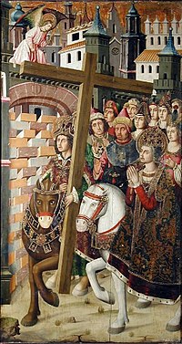 15 век, испанская средневековая живопись, показывающая Ираклия на лошади, возвращающий Животворящий Крест в Иерусалим, анахронически сопровождаемый Святой Еленой