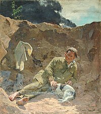 Сушка портянок советским солдатом. Картина Горелова «Хотят ли русские войны», 1962 год