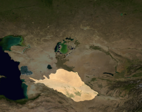 Спутниковый снимок Средней Азии. Светлым выделена пустыня Каракумы