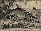 Большие рыбы поедают малых. Между 1625 и 1675. Офорт П. ван дер Хейдена по рисунку П. Брейгеля