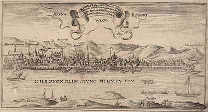 Гравюра Томаша Маковского с панорамой Каунаса. На гравюре представлены три варианта написания названия города — Kowna, Kauna и Kowno. Около 1600 г.