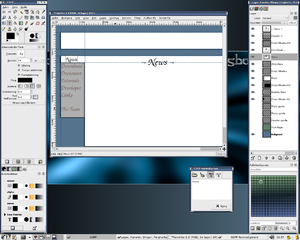 GIMP в многооконном режиме. Слева, справа и снизу от окна документа — плавающие окна