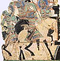 Меч гвардии рыцарей, изображённый в «Пещере художников» в Кизиле, имеет типичный гуннский дизайн прямоугольной или овальной формы с орнаментом перегородчатой ​​эмалью и датируется V веком н.э.[26]